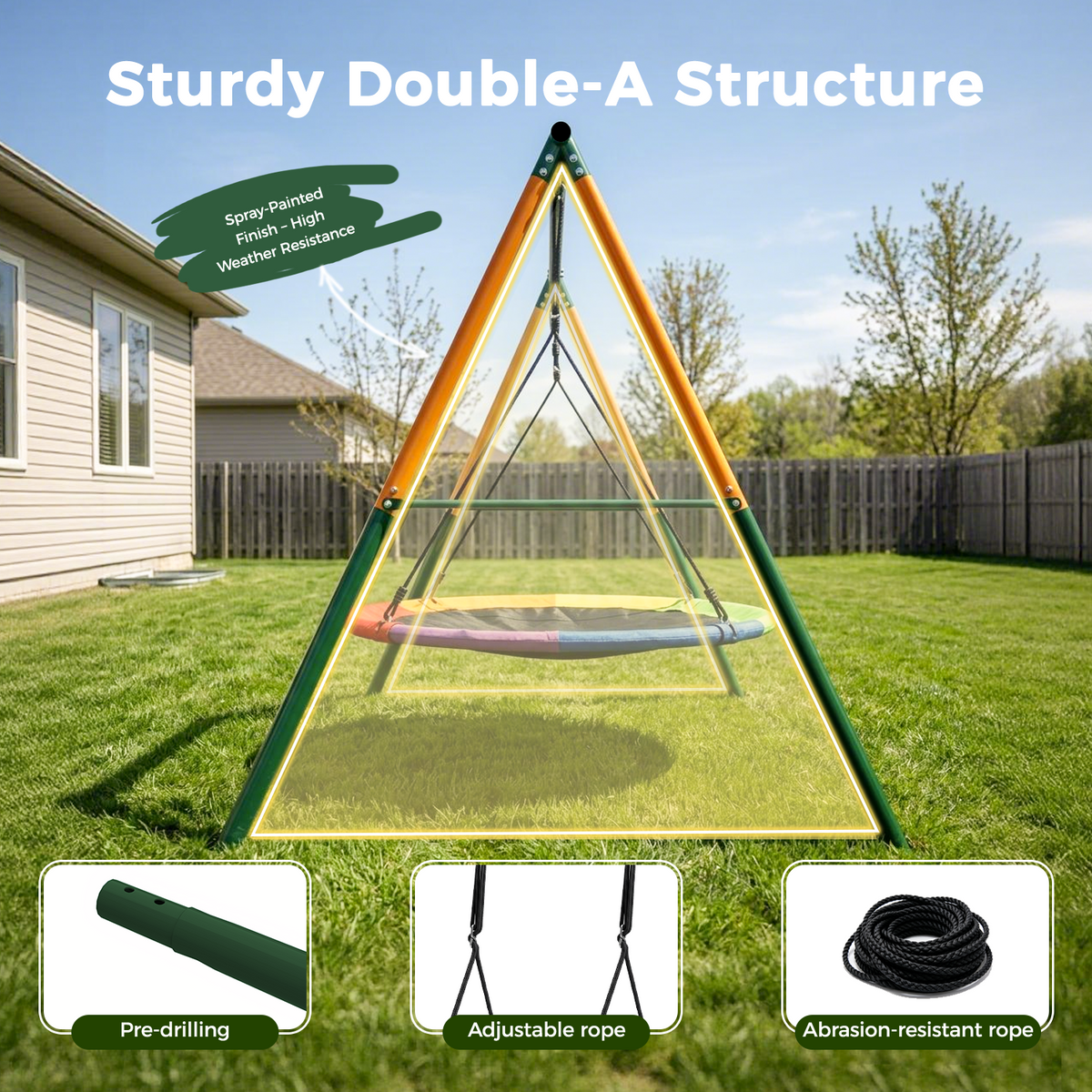 Kdymod 60 Inch Saucer Swing Set with 900D Oxford Disc Seat, Double A‑Frame Heavy Duty Metal Swing Set, Backyard Outdoor Playground for Kids Ages 3‑10, Green