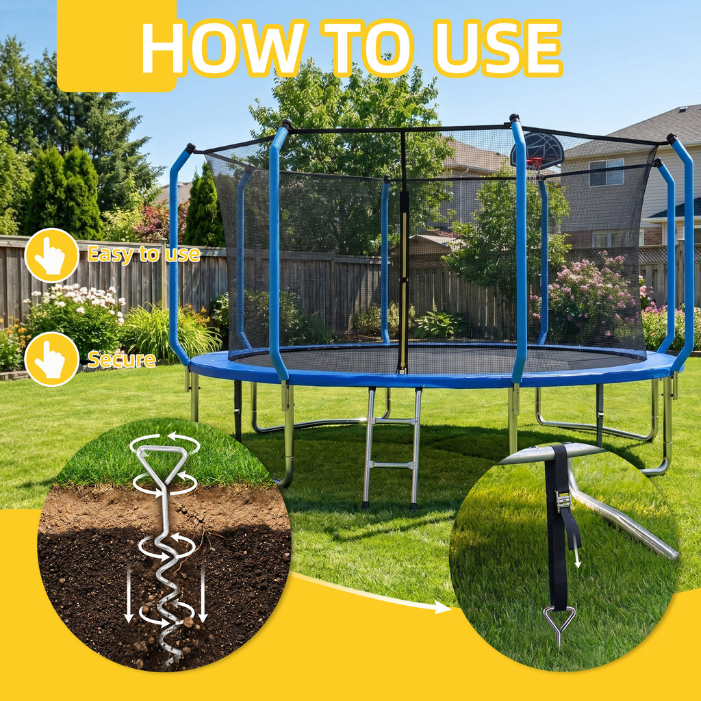 Mersco Trampoline Stakes Kit, Heavy Duty Trampoline Anchors Accessory,rampoline Corkscrew Shape Steel Stakes Anchor Kit for Trampolines Camping Tents-Set of 4 Bonus 4 Strong Belt