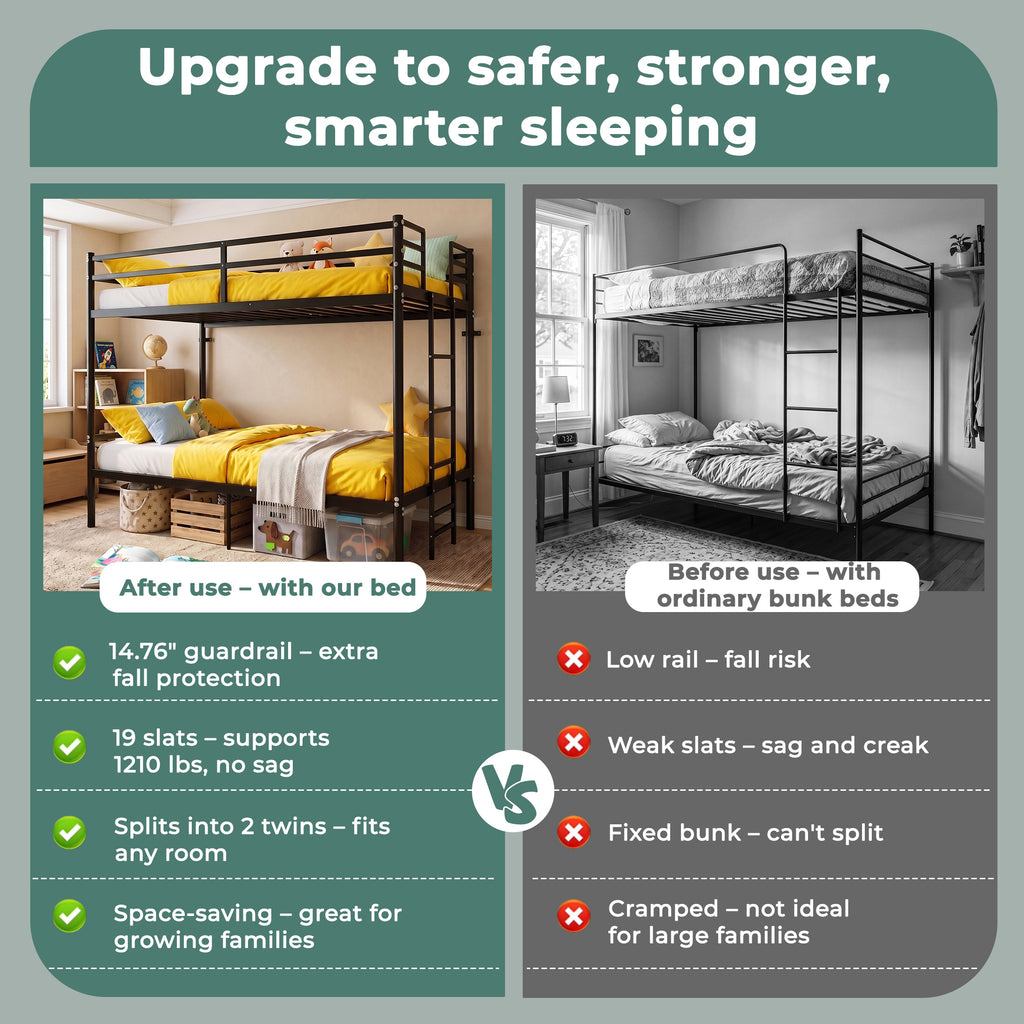 Kdymod Twin over Twin Metal Bunk Bed with Storage, Ladder & Safety Guardrail, Space-Saving Heavy Duty Bed Frame for Adults & Teens, No Box Spring Needed, Black