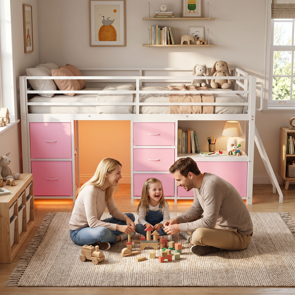 Kdymod Full Loft Bed with 6 Storage Drawers & Shelf, Loft Bed with LED Lights & Play Curtain, Metal Loft Bed Frame with Ladder & Safety Guardrail, Pink
