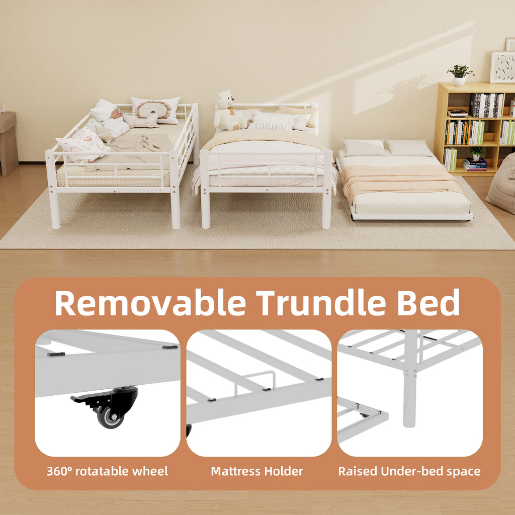 Kdymod Triple Bunk Bed Twin over Twin with Trundle,Triple Twin Bunk Bed with Ladder & Guardrail,Metal Convertible Triple Bunk Bed Frame for Teen & Adult,Bedroom,Dorm,White (Mattress not included)