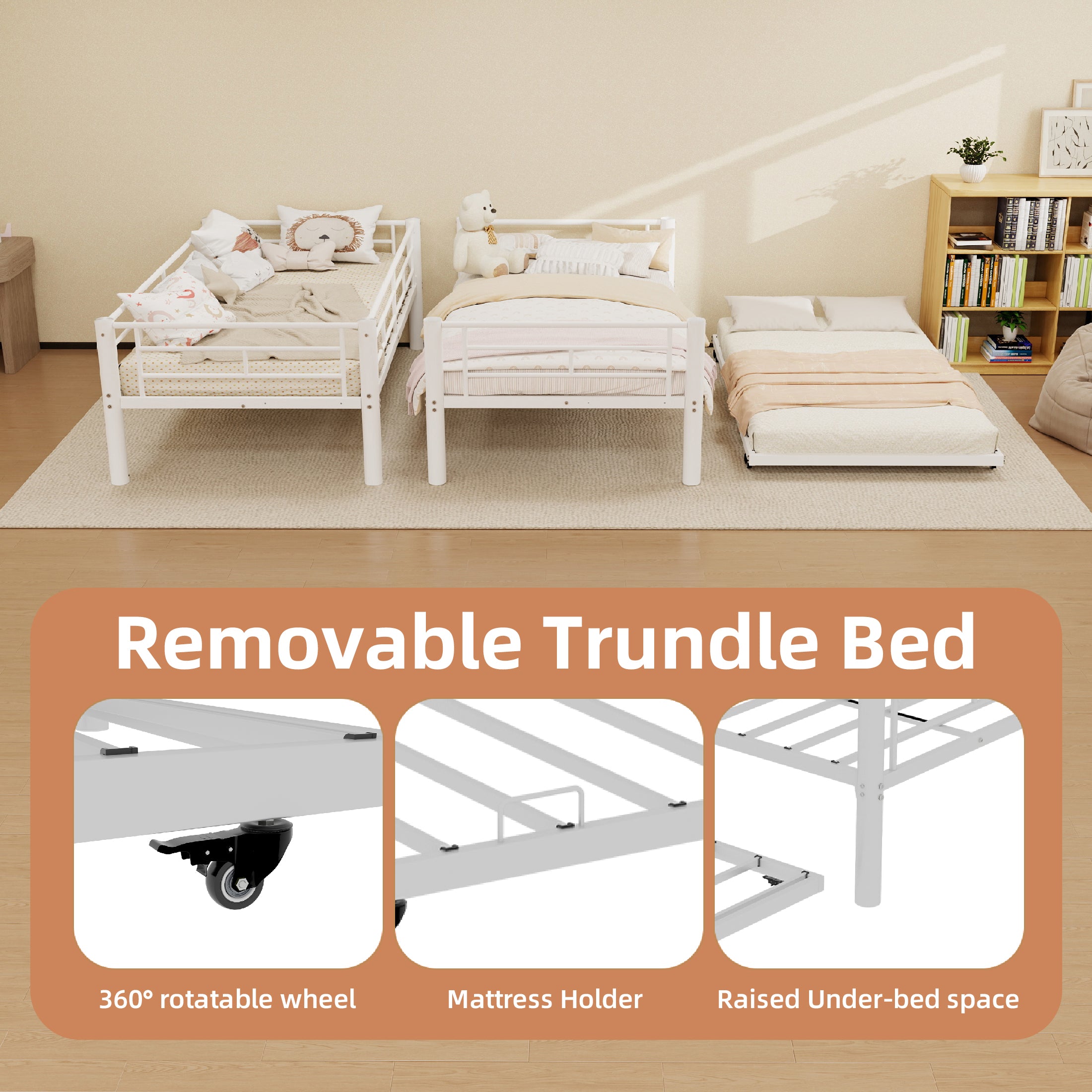 Kdymod Triple Bunk Bed Twin over Twin with Trundle,Triple Twin Bunk Bed with Ladder & Guardrail,Metal Convertible Triple Bunk Bed Frame for Teen & Adult,Bedroom,Dorm,White (Mattress not included)