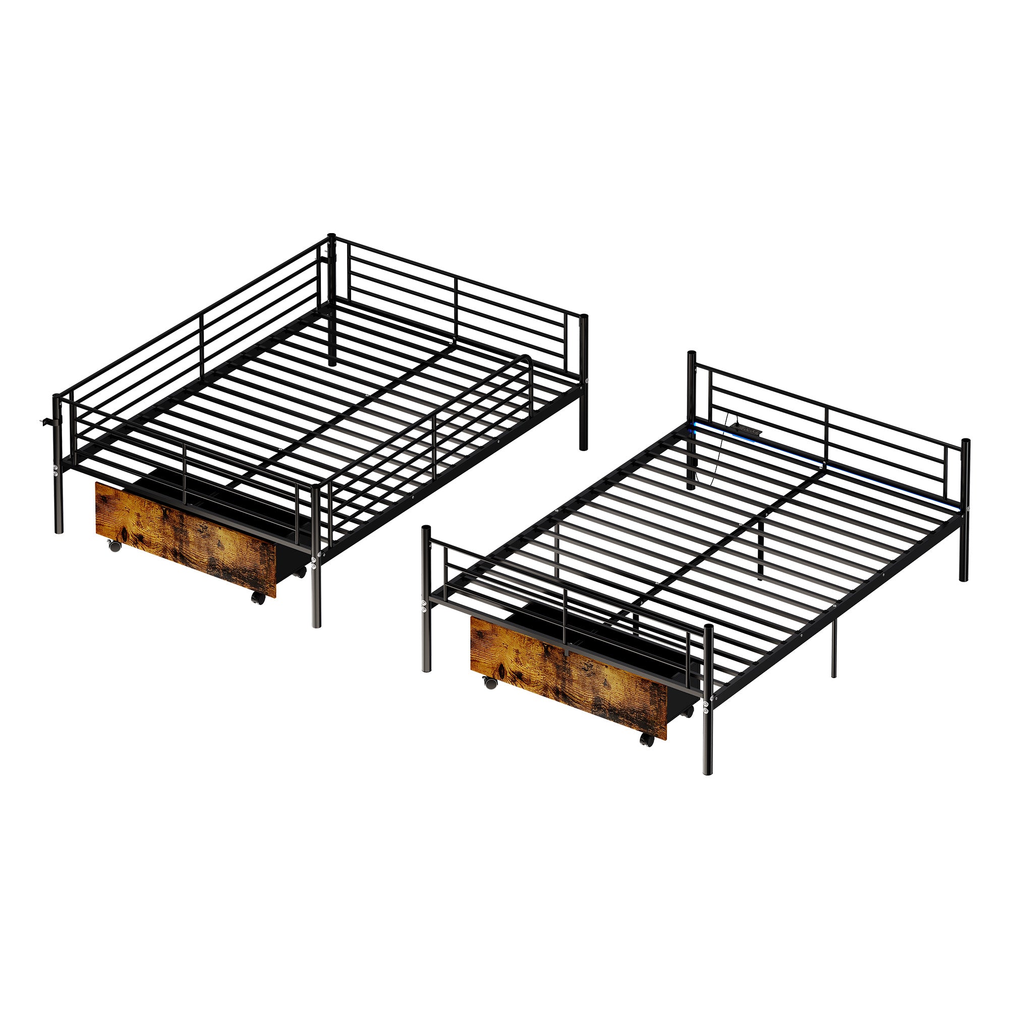 Kdymod Full over Full Metal Bunk Bed with Storage Drawers, Heavy Duty Bed Frame Converts to 2 Separate Beds with Safety Guardrail & Built-in Ladder, LED Lights & Charging Station, Black