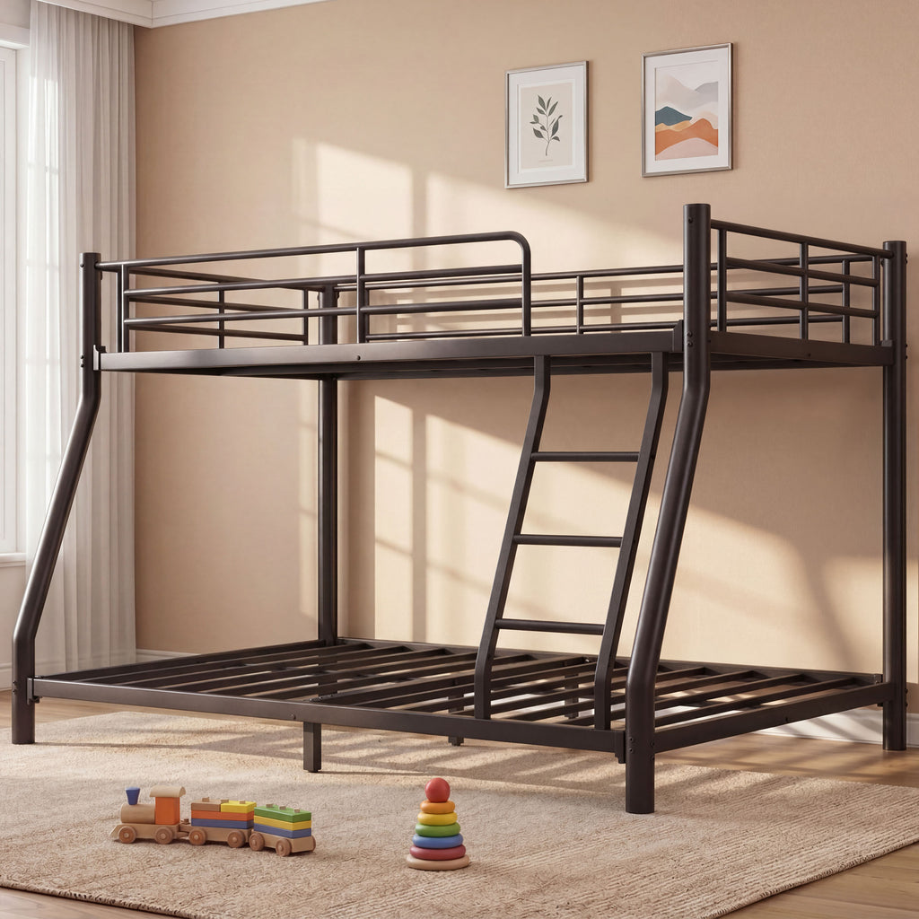 Kdymod Twin over Full Metal Low Bunk Bed with Stairs & Safety Guardrail, Includes 2 6" Memory Foam Mattresses, Space-Saving Heavy Duty Bed Frame for Adults & Teens, Black