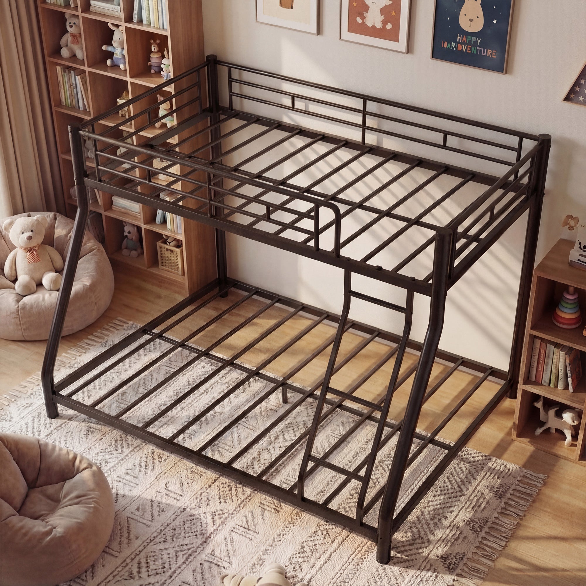 Netrum Twin over Full Bunk Bed for Teens Adults,Heavy Duty Metal Bunk Beds Frame with Ladder,Twin Full Size Bed Bunk Bed with Safe Guardrail for Small Rome,Black
