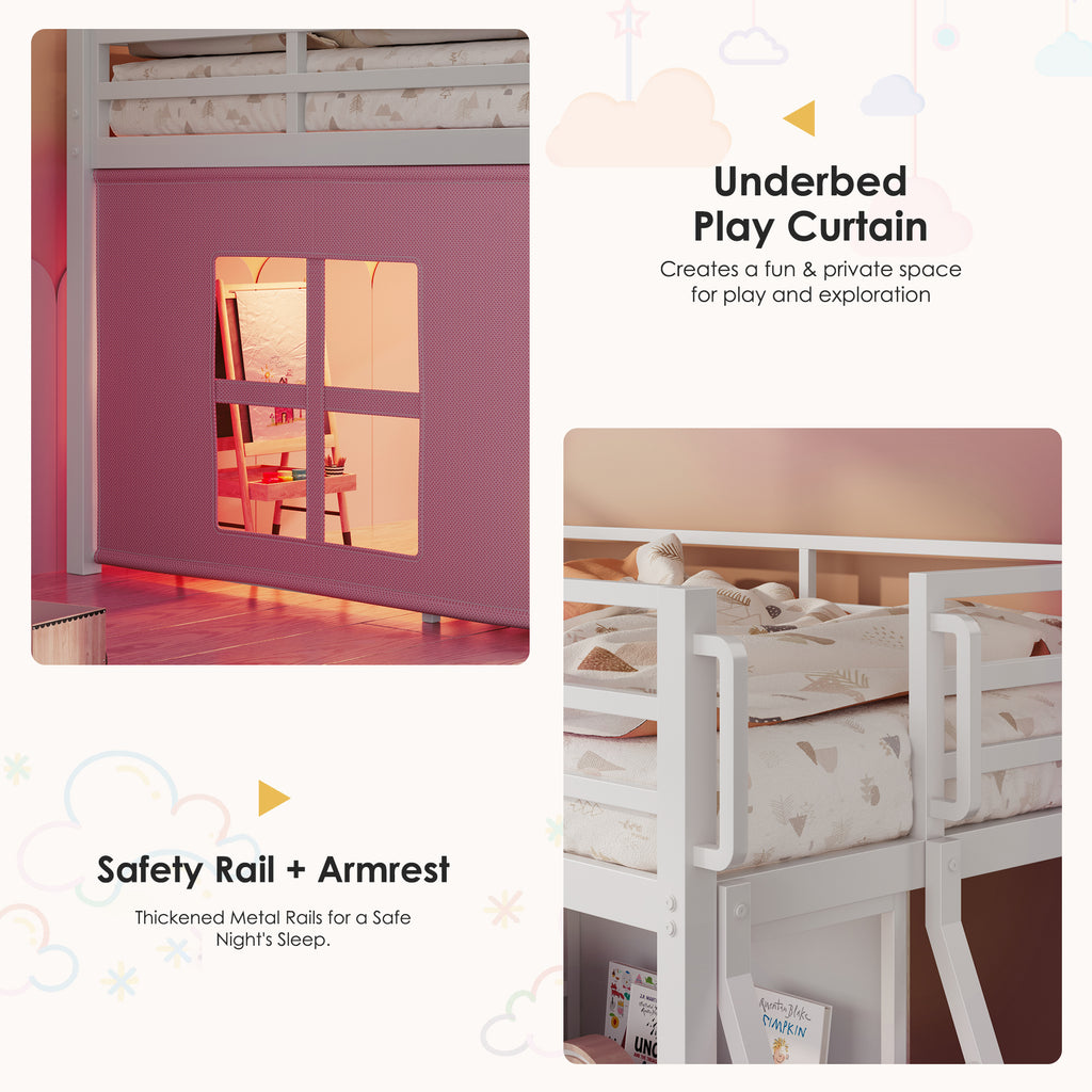Kdymod Twin Loft Bed with 6 Storage Drawers & Shelf, Loft Bed with LED Lights & Play Curtain, Metal Loft Bed Frame with Ladder & Safety Guardrail, Pink