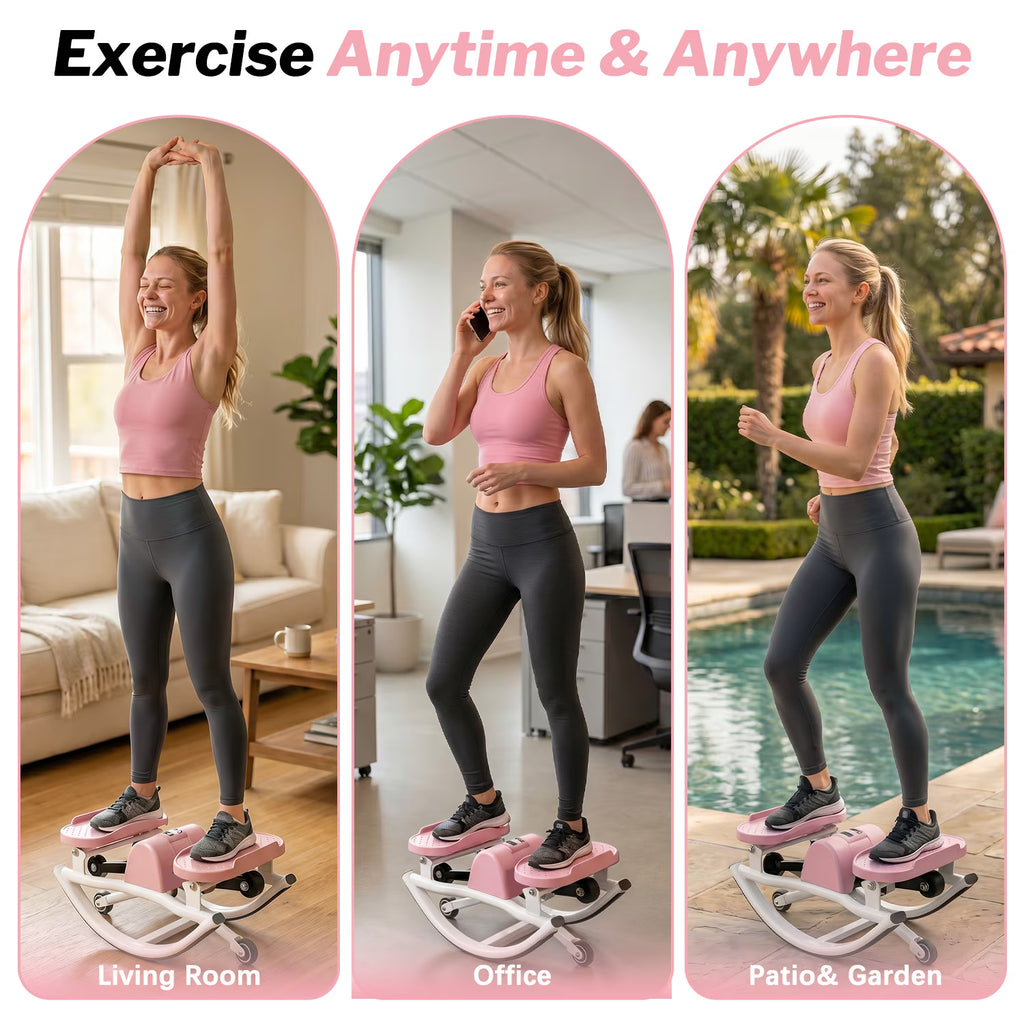 Kdymod Lateral Rocking Fitness Stepper, Low Impact Portable Exercise Stepper, Workout Machine, Rock Stepper Machine with Digital Monitor & Resistance Bands,Pink