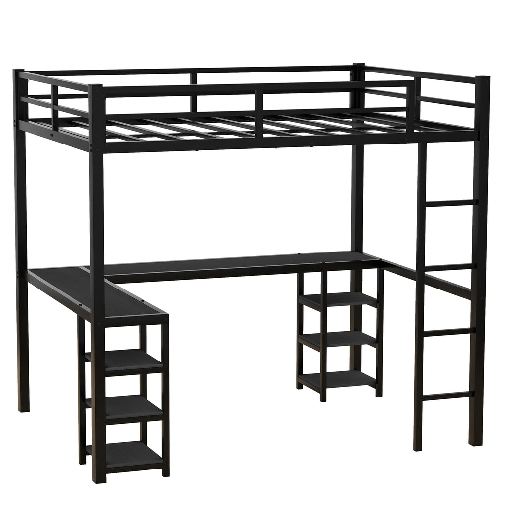 Uiowio Full Metal Loft Bed with L-Shaped Desk Underneath & 6 Shelves & Storage, Space-Saving Bed Frame with Built-in Ladder & Safety Guardrail, for Teens
