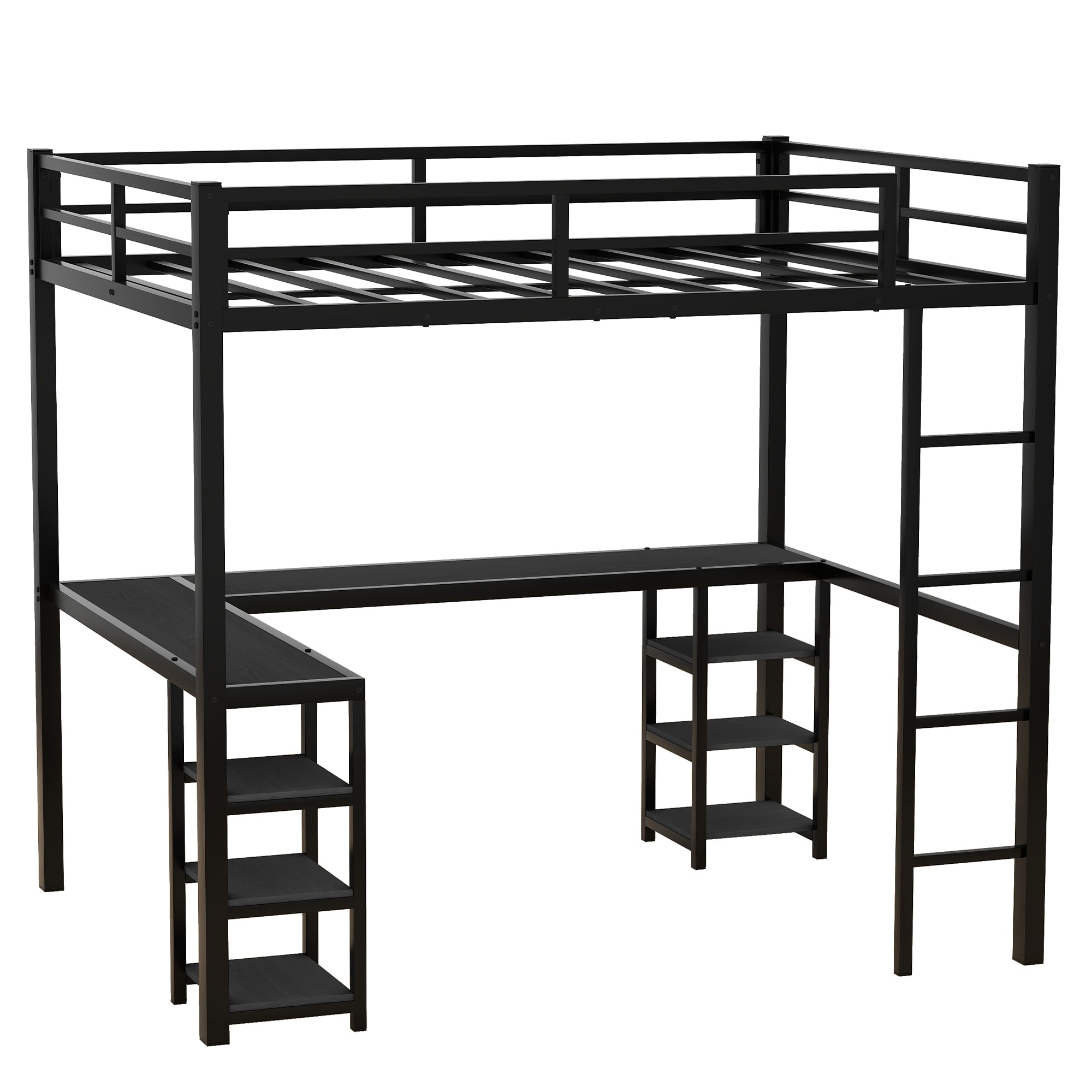 Uiowio Full Metal Loft Bed with L-Shaped Desk Underneath & 6 Shelves & Storage, Space-Saving Bed Frame with Built-in Ladder & Safety Guardrail, for Teens