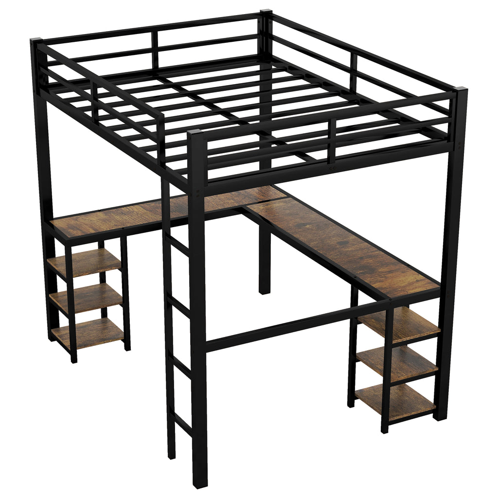Uiowio Full XL Metal Loft Bed with L-Shaped Desk Underneath & 6 Shelves & Storage, Space-Saving Bed Frame with Built-in Ladder & Safety Guardrail, for Teens