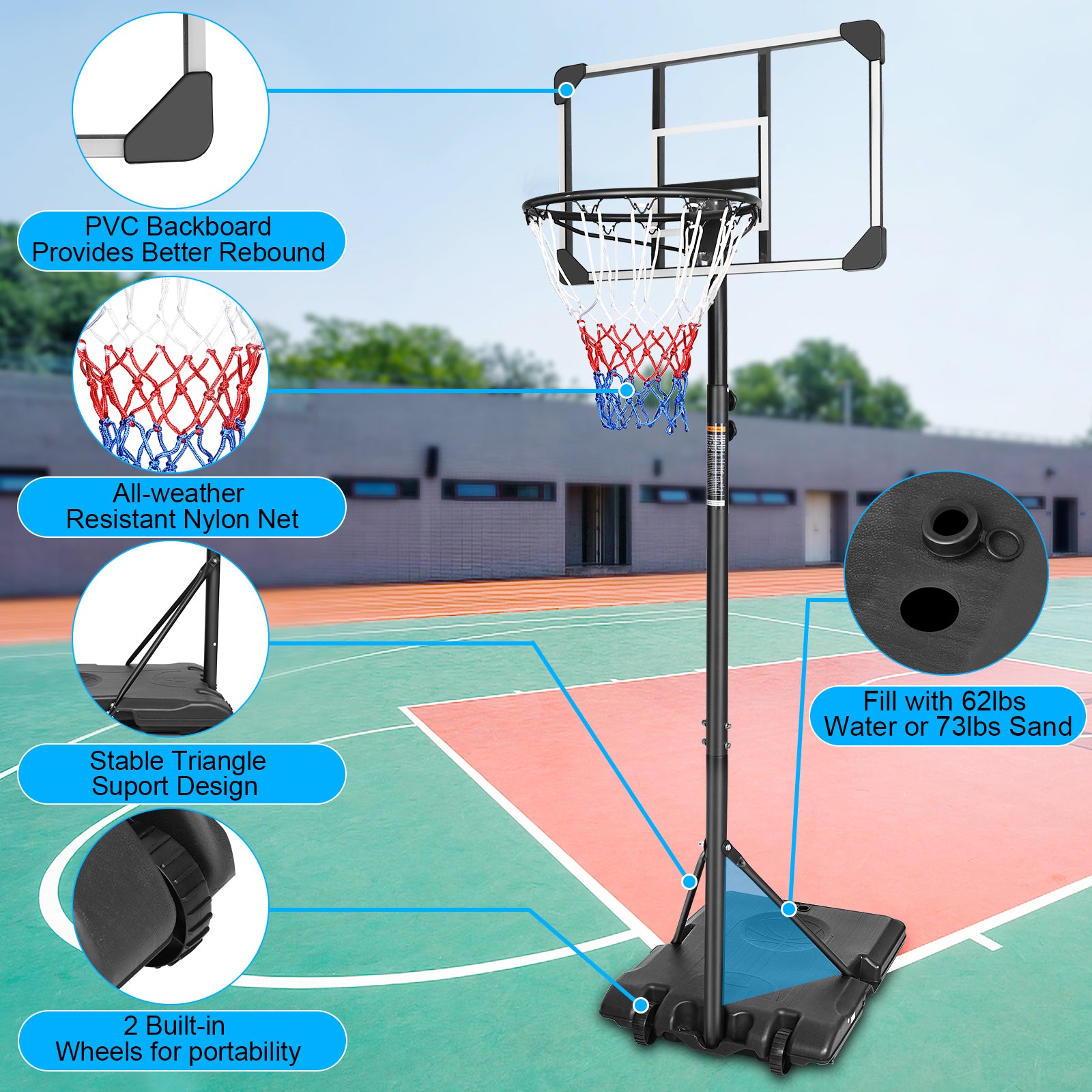 Mersco Portable Basketball Hoop5.6-7FT Height Adjustable System for Kids/Adults,Portable Basketball Goal with 28in Shatterproof Backboard Stable Base and Wheels for Outdoor/Indoor Sports