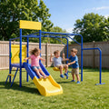 Mersco 3-in-1 Metal Swing Sets for Backyard, Playground, Kids Swing Set with Slide, Belt Swing, Trapeze Bar, ASTM Safety Certified, Outdoor Playset for Kids 3-10