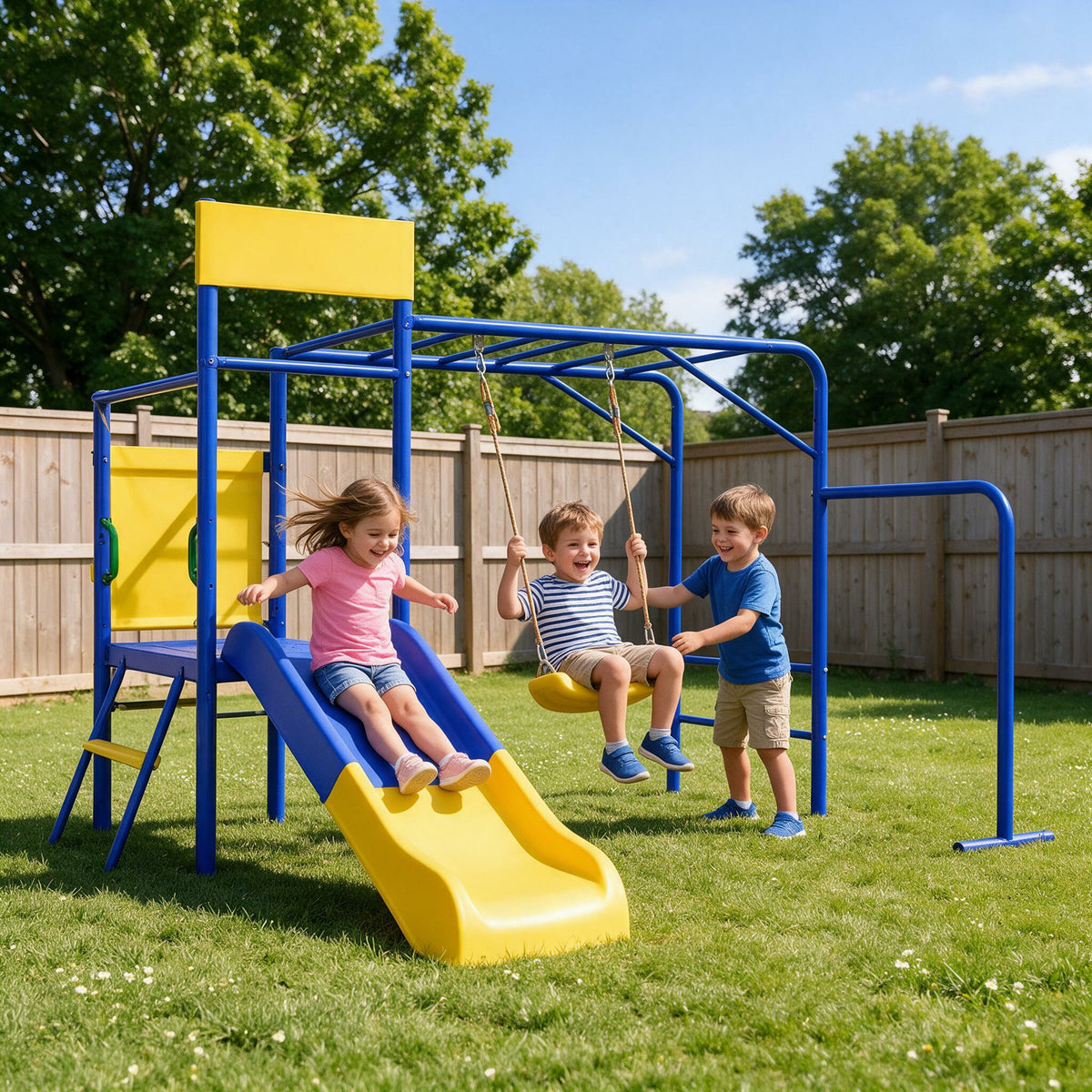 Mersco 3-in-1 Metal Swing Sets for Backyard, Playground, Kids Swing Set with Slide, Belt Swing, Trapeze Bar, ASTM Safety Certified, Outdoor Playset for Kids 3-10