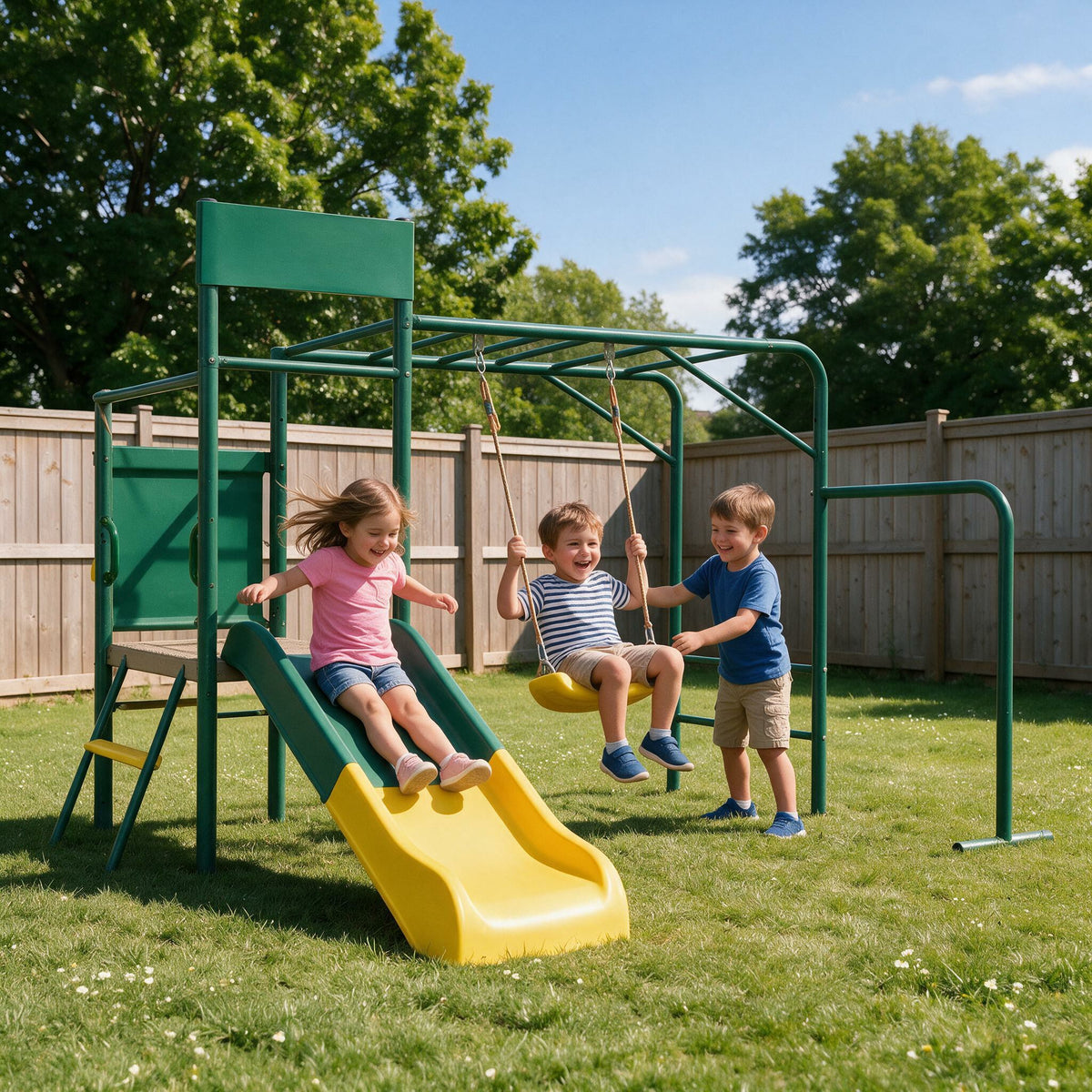 Mersco 3-in-1 Metal Swing Sets for Backyard, Playground, Kids Swing Set with Slide, Belt Swing, Trapeze Bar, ASTM Safety Certified, Outdoor Playset for Kids 3-10