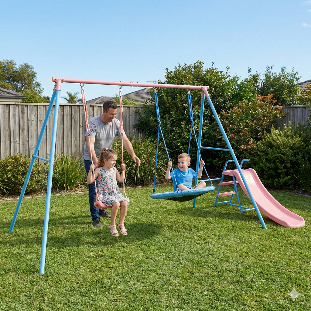 Mersco Baby Swing Set with Slide, 3-in-1 Outdoor Playset for Backyard with Flying Saucer & Classic Swing, Sturdy Metal Frame Playground Swing Set Toy for Kids,Pink