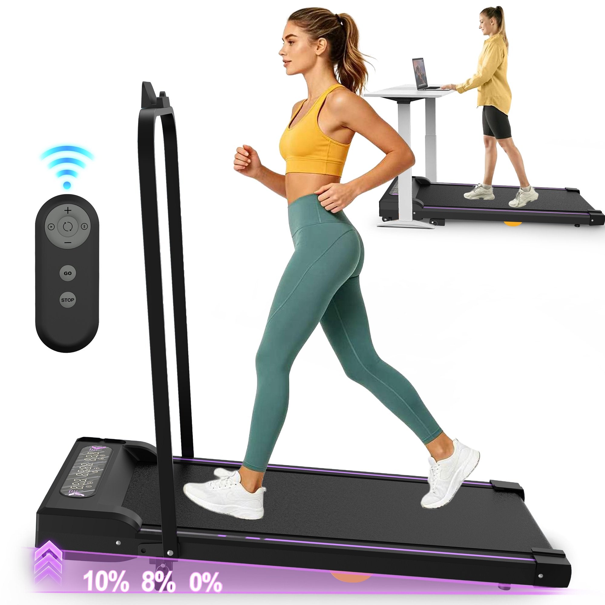 Kdymod 2 in 1 Foldable Treadmill with LED Display & Remote,Walking Treadmill Jogging Machine with Handle Bar & Incline,Under Desk Walking Pad for Home Office,Black