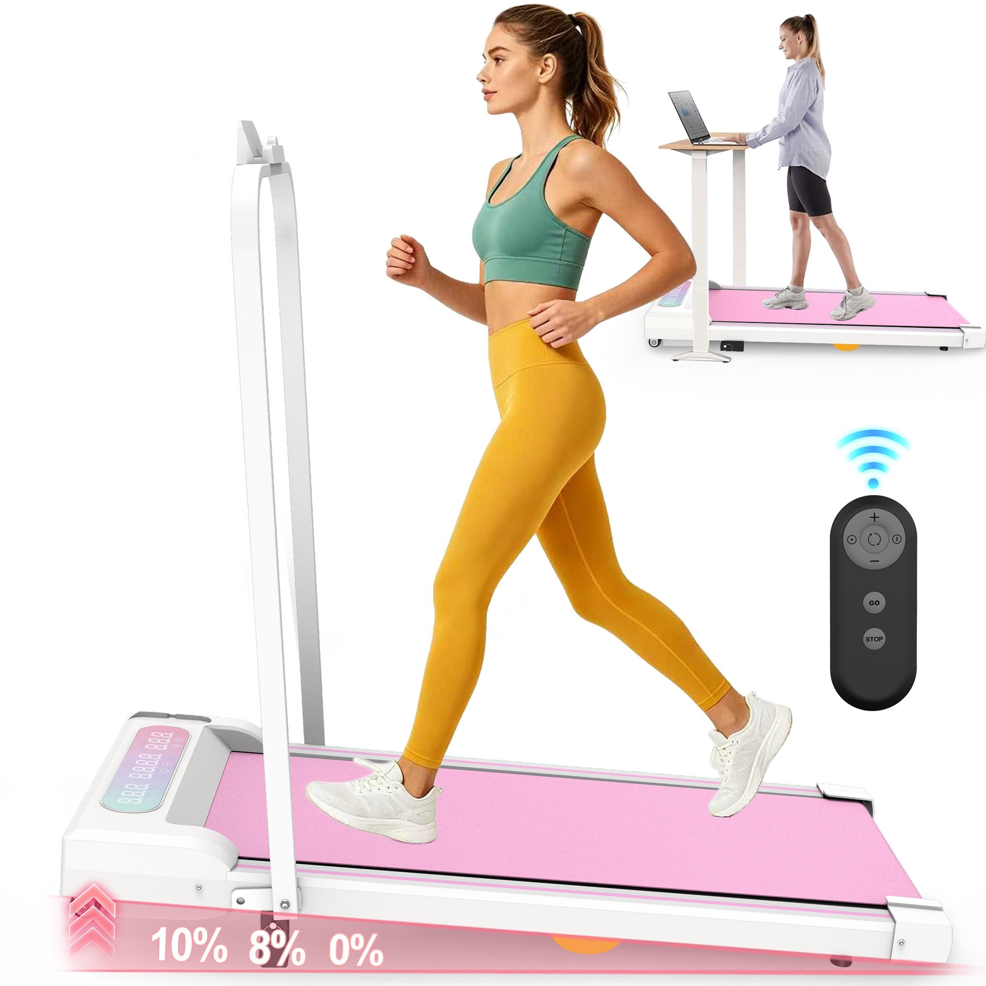 Kdymod 2 in 1 Foldable Treadmill with LED Display & Remote,Walking Treadmill Jogging Machine with Handle Bar & Incline,Under Desk Walking Pad for Home Office,Pink