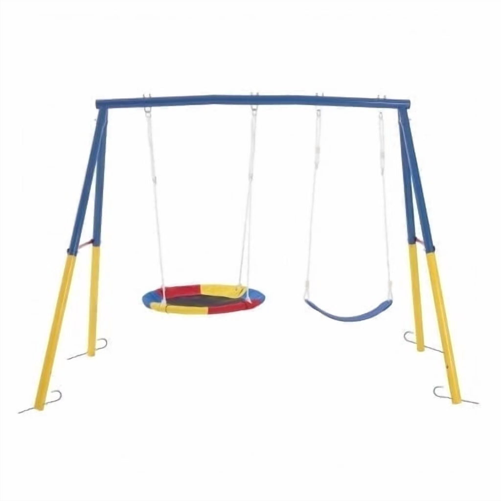 Kdymod Heavy Duty 440lbs Double Swing Set with Stand, Metal A-Frame Swing Set for Backyard, Includes 32" Saucer Disc & 26.2" Belt Seat, Outdoor Playset for Playground