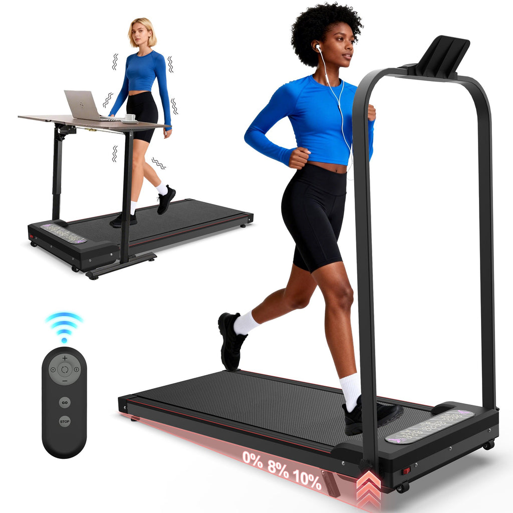 Kdymod Foldable Treadmill with Vibration Function,2 in 1 Walking Treadmill with Handle Bar & Incline,Under Desk Walking Pad with LED Display & Remote,300 Lbs Capacity,Black