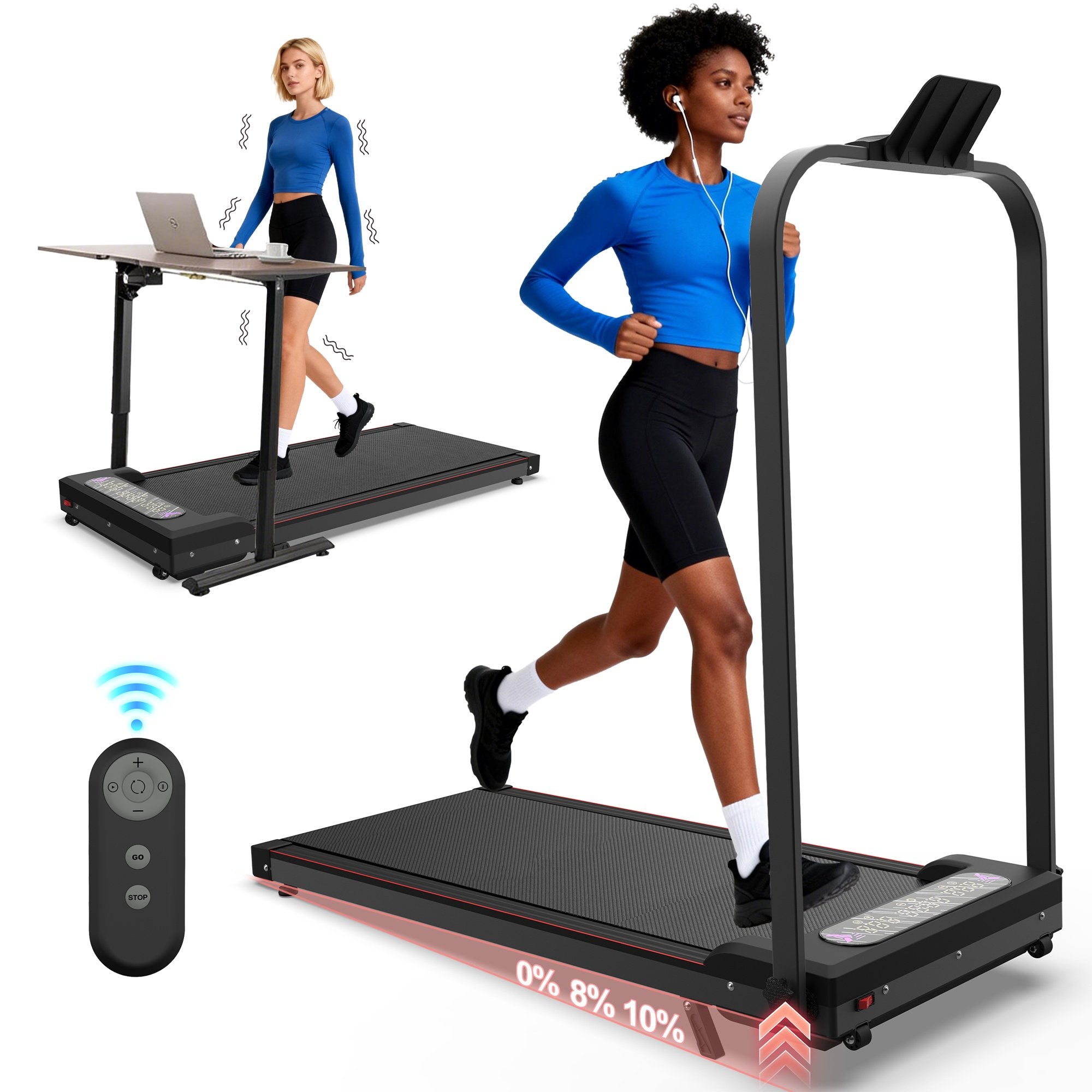 Kdymod Foldable Treadmill with Vibration Function,2 in 1 Walking Treadmill with Handle Bar & Incline,Under Desk Walking Pad with LED Display & Remote,300 Lbs Capacity,Black