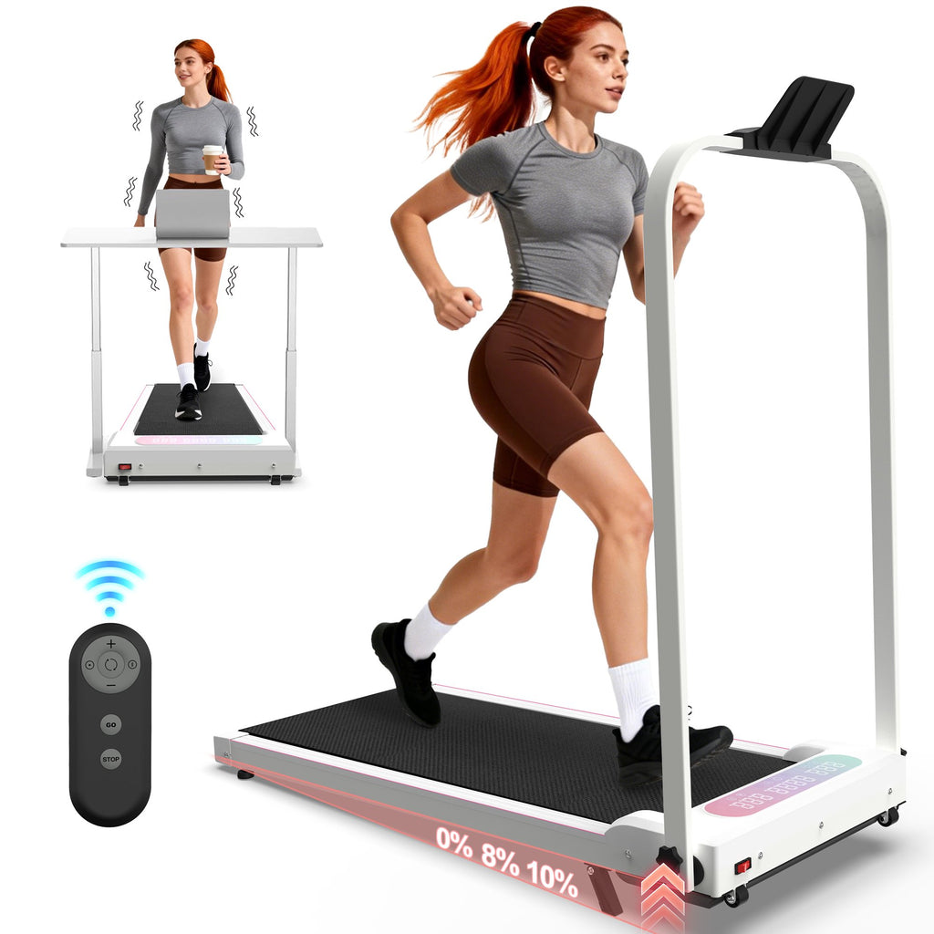 Kdymod Foldable Treadmill with Vibration Function,2 in 1 Walking Treadmill with Handle Bar & Incline,Under Desk Walking Pad with LED Display & Remote,300 Lbs Capacity,White