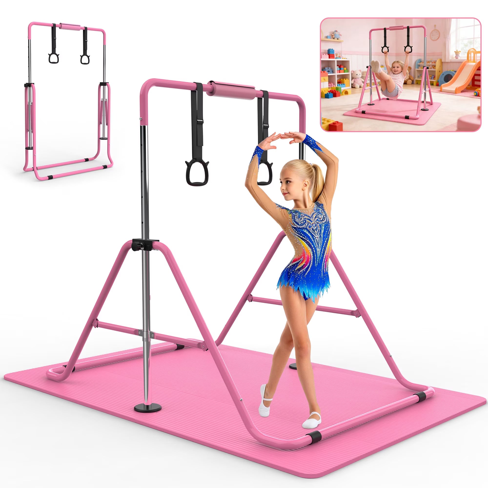 Kdymod Gymnastics Bar for Kid,Adjustable Height Kids Gymnastics Bar with Mat,Foldable Horizontal Junior Gymnastics Equipment Bar for Home Gym,Pink