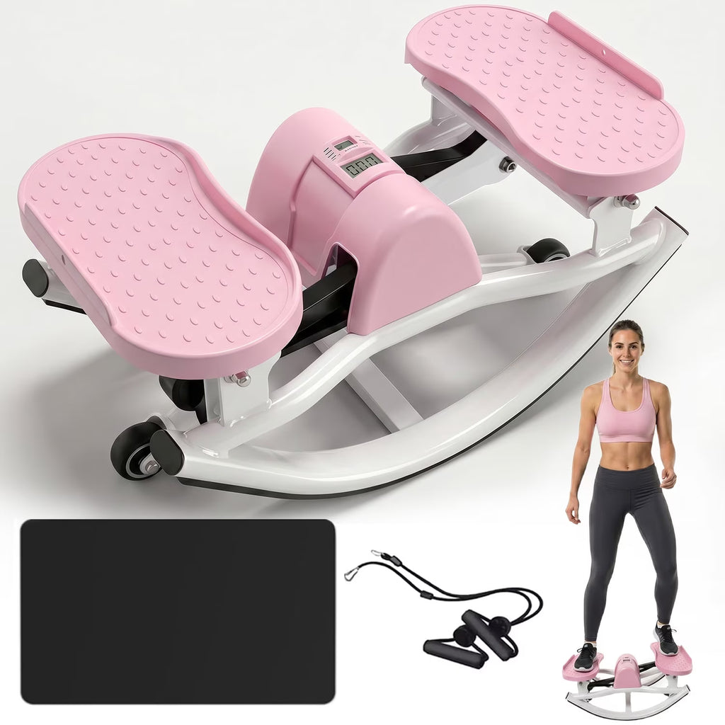 Kdymod Lateral Rocking Fitness Stepper, Low Impact Portable Exercise Stepper, Workout Machine, Rock Stepper Machine with Digital Monitor & Resistance Bands,Pink