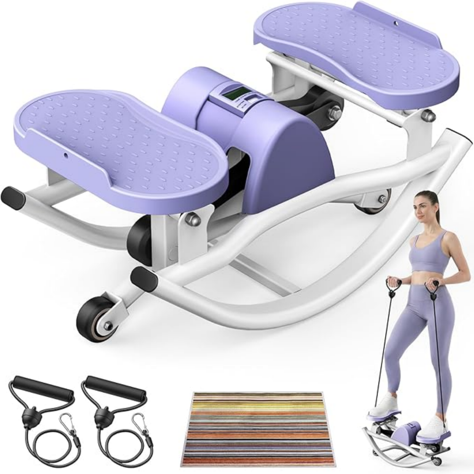 Kdymod Lateral Rocking Fitness Stepper, Low Impact Portable Exercise Stepper, Workout Machine, Rock Stepper Machine with Digital Monitor & Resistance Bands,Purple
