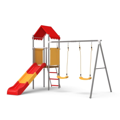 Kdymod Swing Sets for Backyard, Heavy Duty Outdoor Playset with Slide, 2 Swing Seats, Canopy Roof & Flat-Step Ladder, Kids Playground Set for Ages 3-8