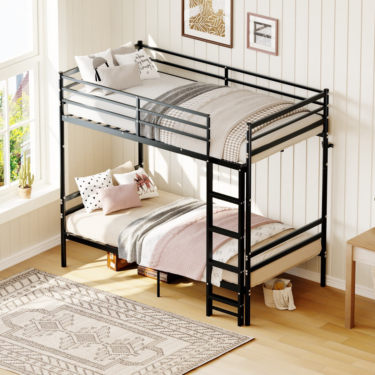 Kdymod Twin over Twin Metal Bunk Bed with Storage, Includes 2 Twin Size Memory Foam Mattresses, Converts to 2 Separate Beds, Heavy-Duty Bed Frame with Built-in Ladder & Safety Guardrail