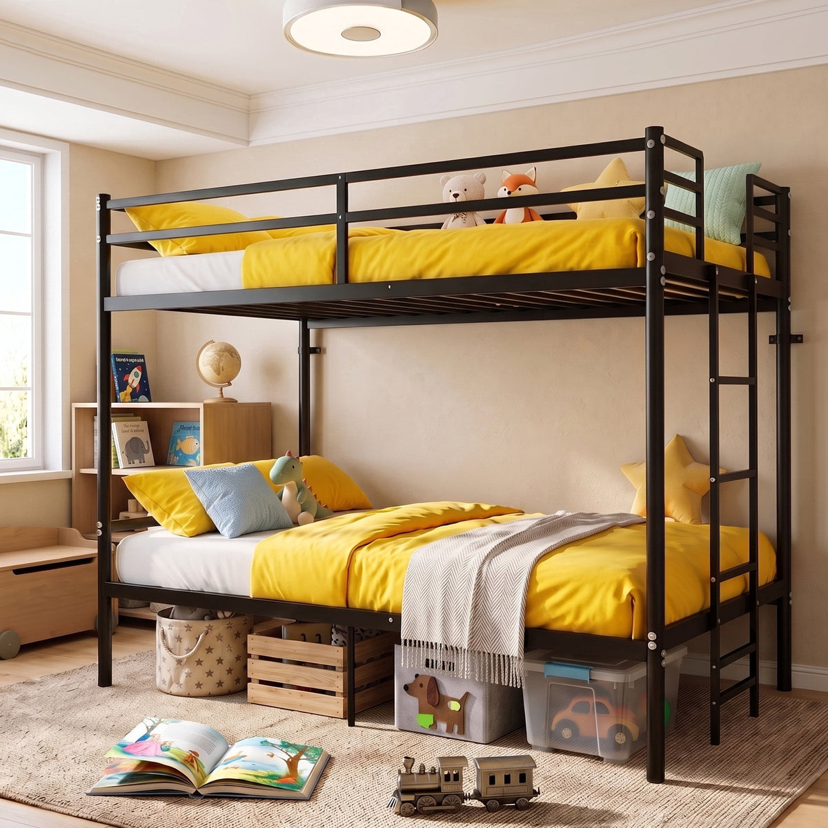 Kdymod Twin over Twin Metal Bunk Bed with Storage, Includes 2 Twin Size Memory Foam Mattresses, Converts to 2 Separate Beds, Heavy-Duty Bed Frame with Built-in Ladder & Safety Guardrail