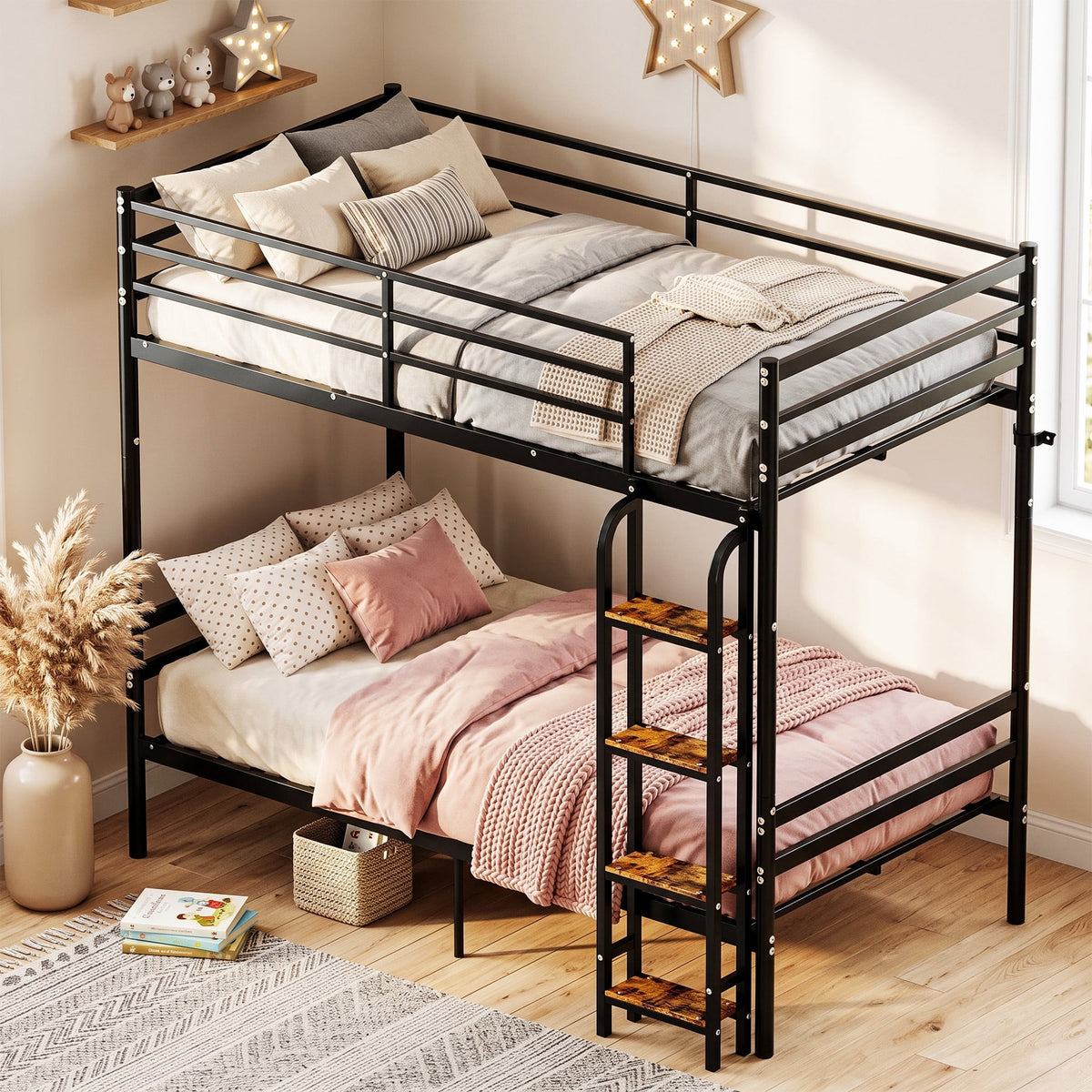 Kdymod Twin over Twin Metal Bunk Bed with Storage, Includes 2 Twin Size Memory Foam Mattresses, Converts to 2 Separate Beds, Heavy-Duty Bed Frame with Built-in Ladder & Safety Guardrail