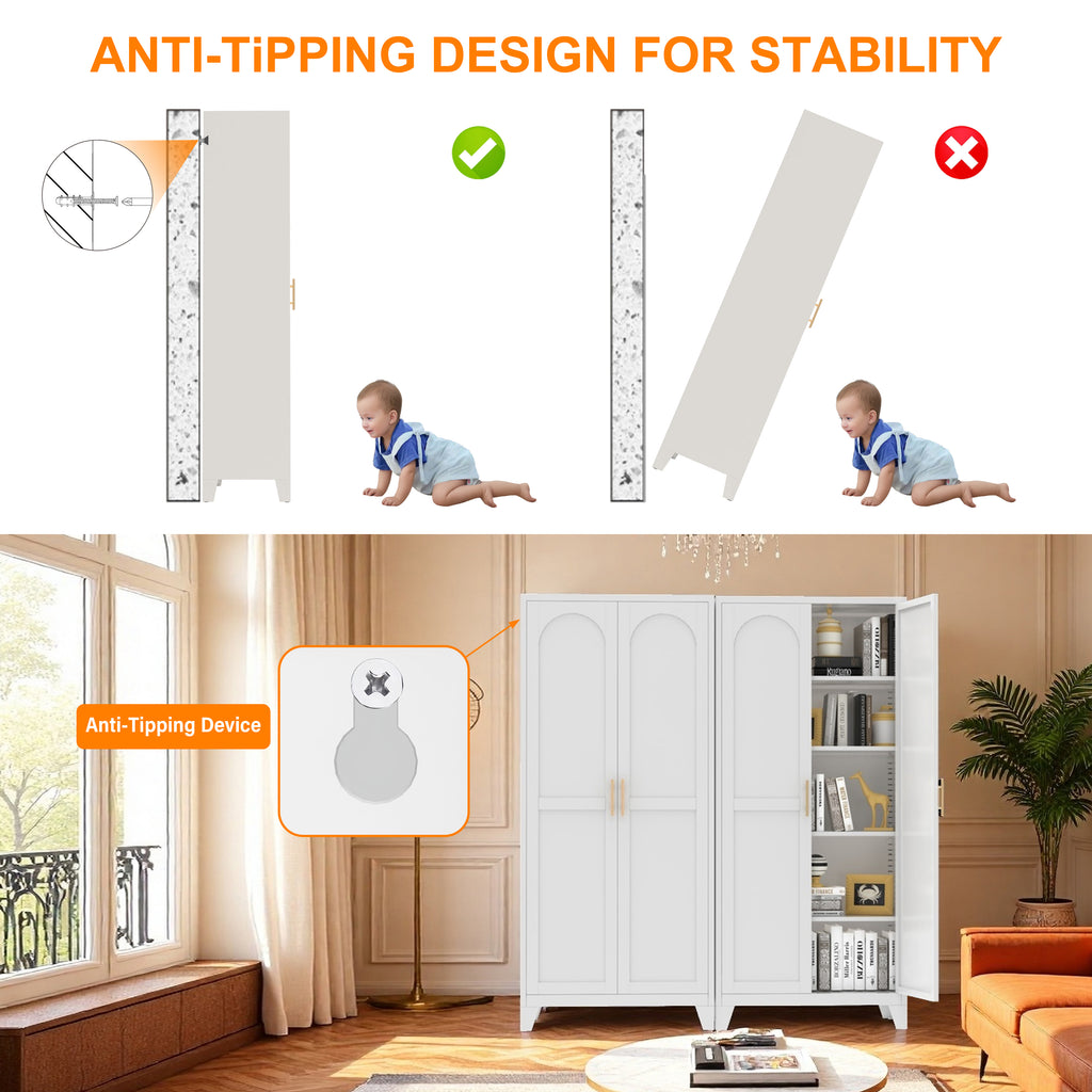 Uiowio 71" Height Metal Storage Cabinet, Modern Tall Steel Pantry Cupboard with 2 Shapely Doors and Adjustable Shelves for Kitchen Garage and Home, White