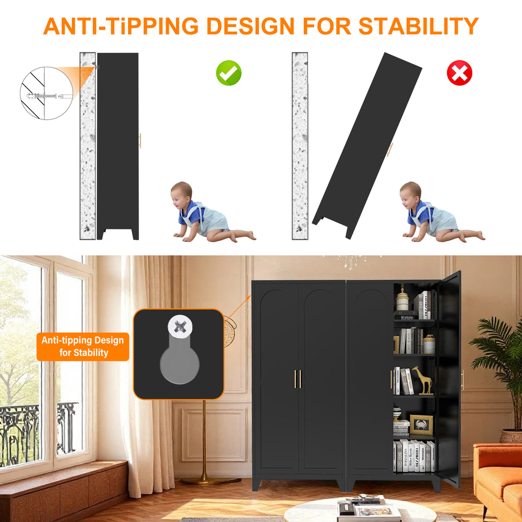 Uiowio 71" Height Metal Storage Cabinet, Modern Tall Steel Pantry Cupboard with 2 Shapely Doors and Adjustable Shelves for Kitchen Garage and Home,Black