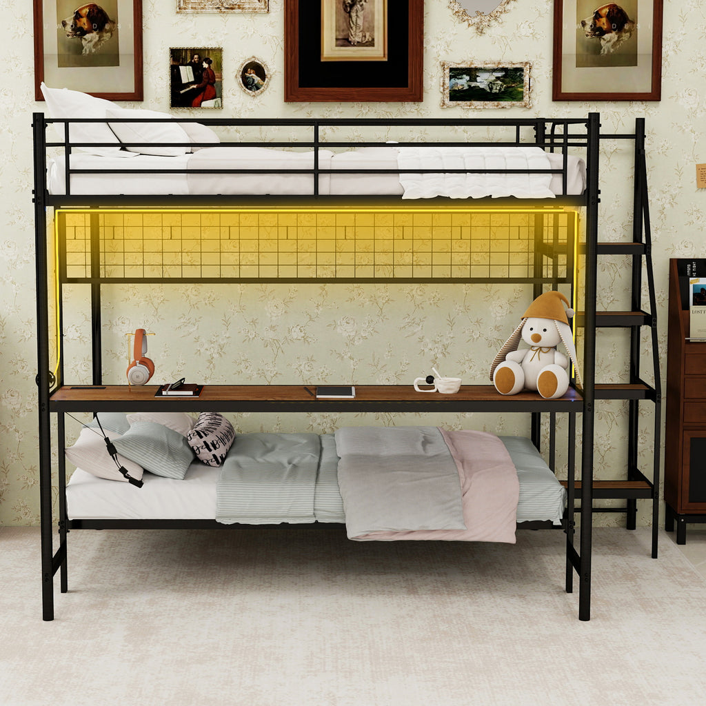 Uiowio Twin Over Full Metal Bunk Bed with Built-In Desk & LED Lighting, Space-Saving Bunk Bed Frame with Stairs & Storage, for Teens & Adults, Black