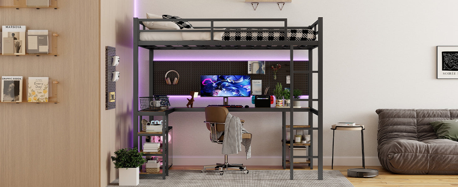 Uiowio Full XL Metal Loft Bed with L-Shaped Desk Underneath & 6 Shelves & Storage, Space-Saving Bed Frame with Built-in Ladder & Safety Guardrail, for Teens