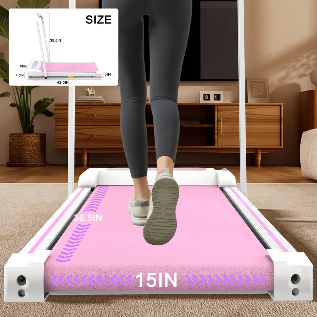 Kdymod 2 in 1 Foldable Treadmill with LED Display & Remote,Walking Treadmill Jogging Machine with Handle Bar & Incline,Under Desk Walking Pad for Home Office,Pink