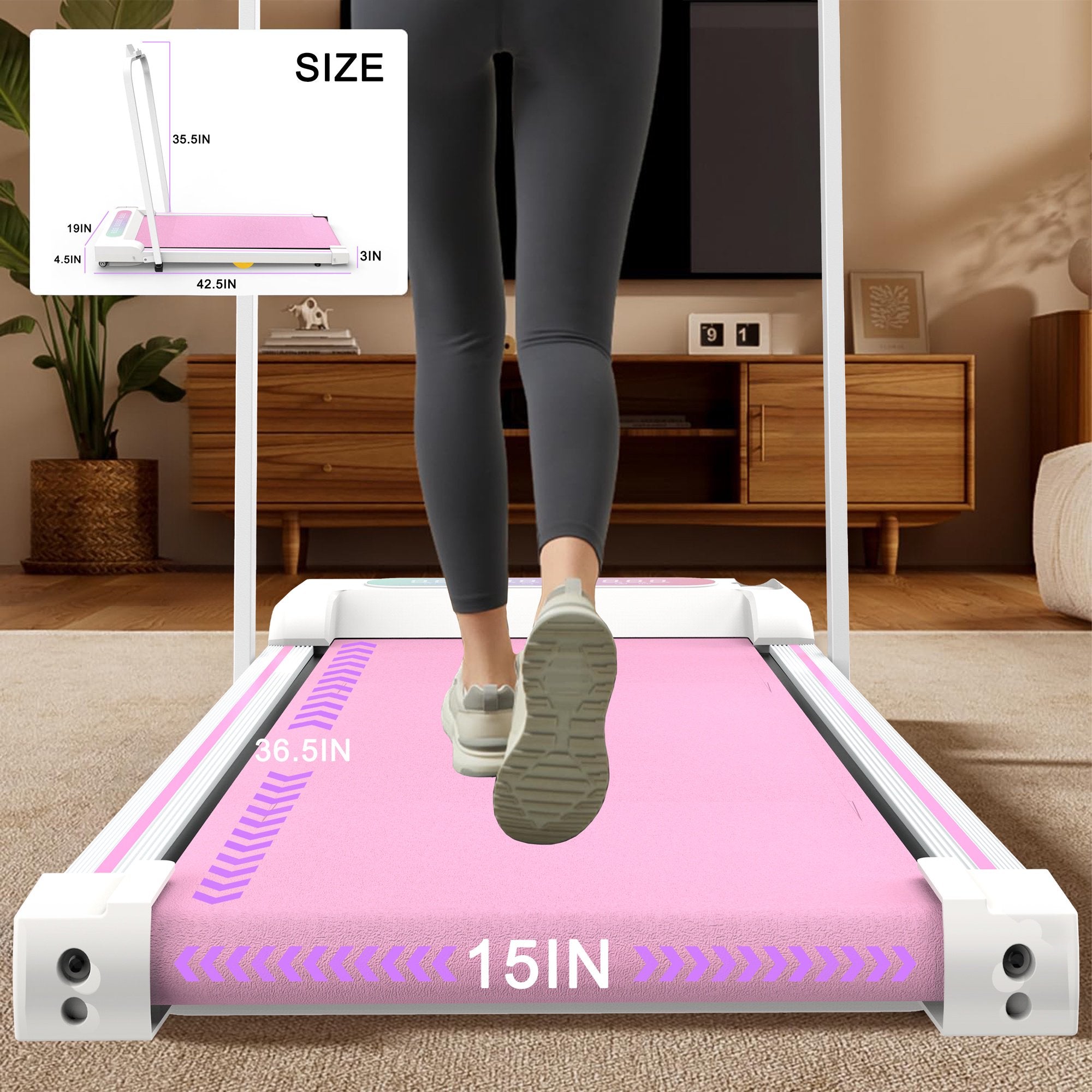 Kdymod 2 in 1 Foldable Treadmill with LED Display & Remote,Walking Treadmill Jogging Machine with Handle Bar & Incline,Under Desk Walking Pad for Home Office,Pink
