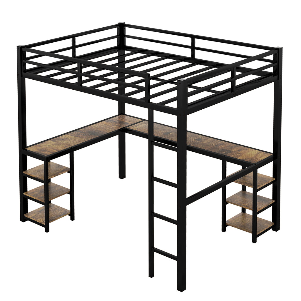 Uiowio Full XL Metal Loft Bed with L-Shaped Desk Underneath & 6 Shelves & Storage, Space-Saving Bed Frame with Built-in Ladder & Safety Guardrail, for Teens