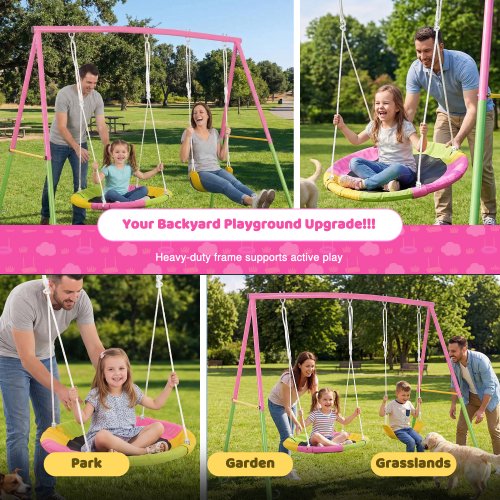 Kdymod Heavy Duty 440lbs Double Swing Set with Stand, Metal A-Frame Swing Set for Backyard, Includes 32" Saucer Disc & 26.2" Belt Seat, Outdoor Playset for Playground
