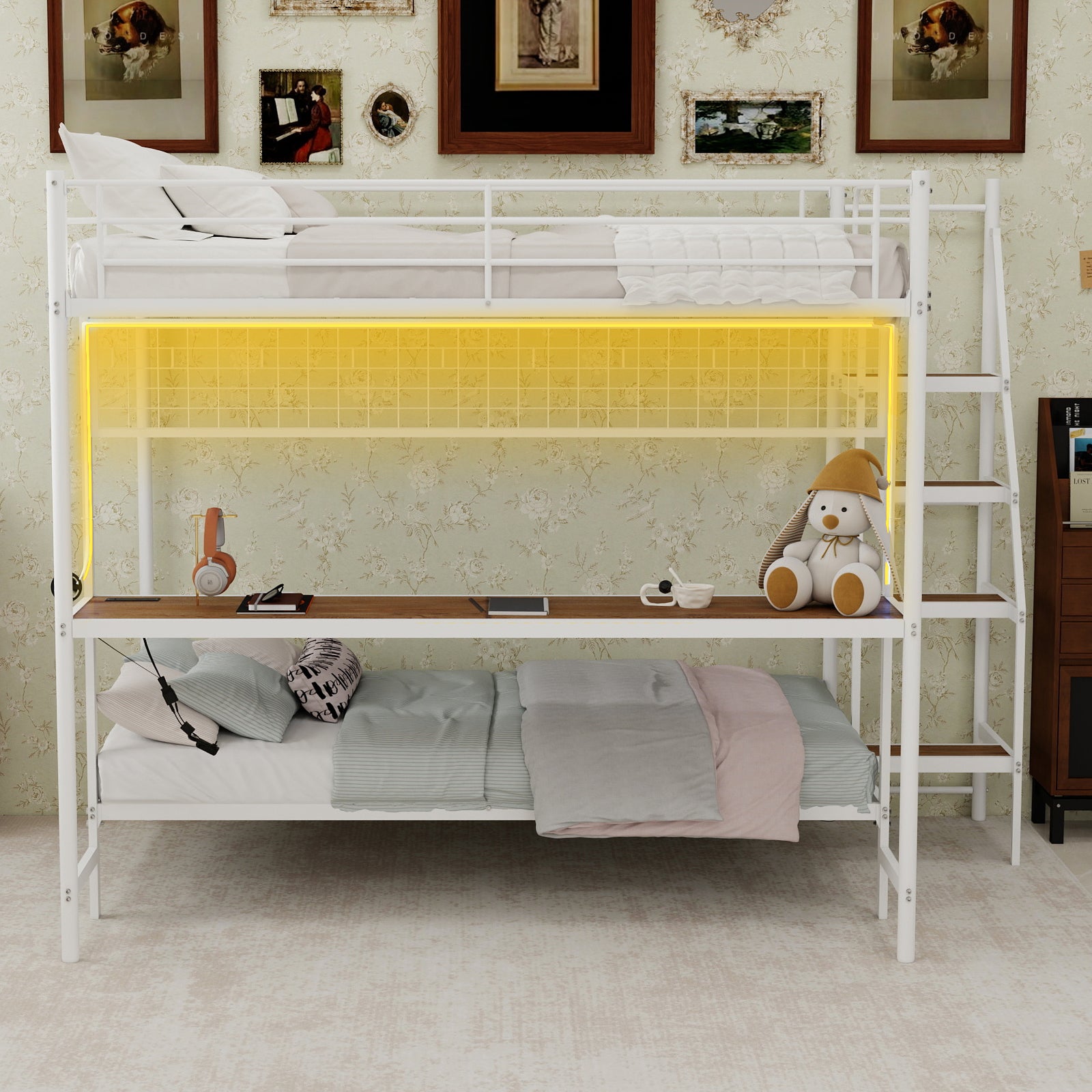 Uiowio Twin Over Full Metal Bunk Bed with Built-In Desk & LED Lighting, Space-Saving Bunk Bed Frame with Stairs & Storage, for Teens & Adults, White