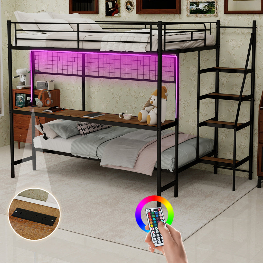 Uiowio Twin Over Full Metal Bunk Bed with Built-In Desk & LED Lighting, Space-Saving Bunk Bed Frame with Stairs & Storage, for Teens & Adults, Black