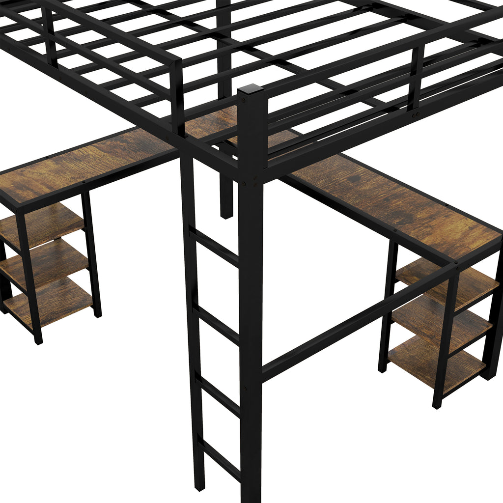 Uiowio Full XL Metal Loft Bed with L-Shaped Desk Underneath & 6 Shelves & Storage, Space-Saving Bed Frame with Built-in Ladder & Safety Guardrail, for Teens