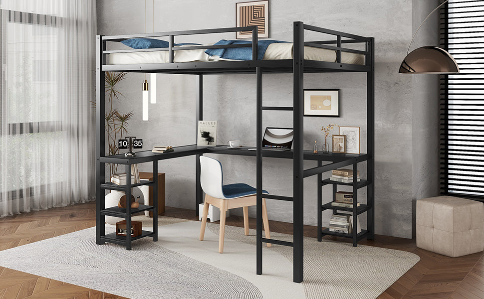 Uiowio Full Metal Loft Bed with L-Shaped Desk Underneath & 6 Shelves & Storage, Space-Saving Bed Frame with Built-in Ladder & Safety Guardrail, for Teens