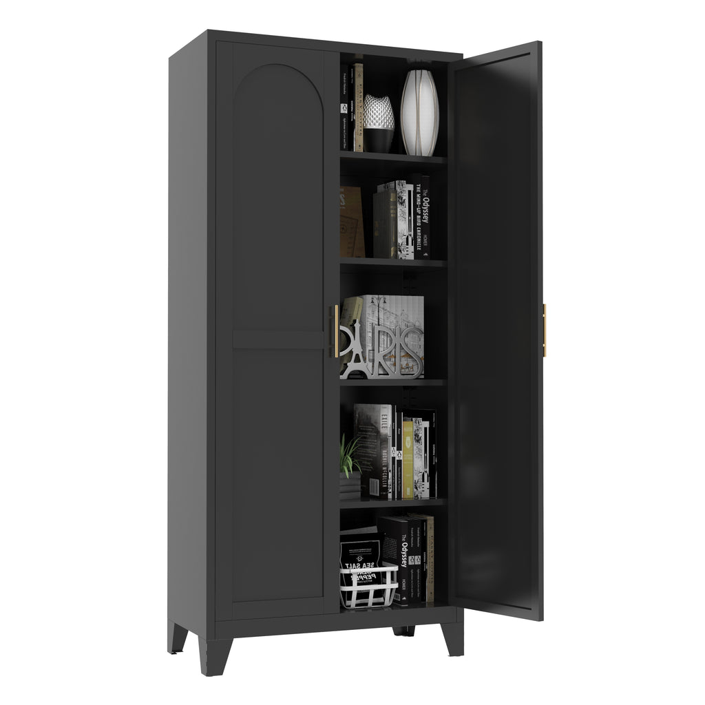Uiowio 71" Height Metal Storage Cabinet, Modern Tall Steel Pantry Cupboard with 2 Shapely Doors and Adjustable Shelves for Kitchen Garage and Home,Black