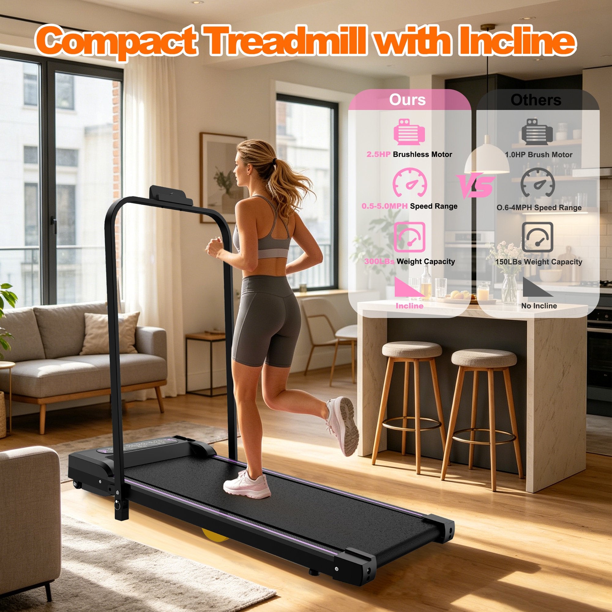 Kdymod 2 in 1 Foldable Treadmill with LED Display & Remote,Walking Treadmill Jogging Machine with Handle Bar & Incline,Under Desk Walking Pad for Home Office,Black