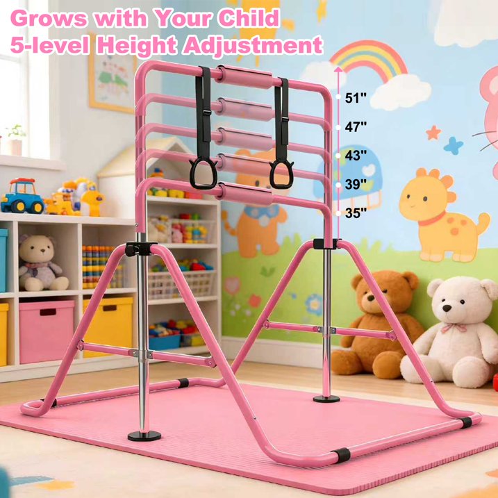 Kdymod Gymnastics Bar for Kid,Adjustable Height Kids Gymnastics Bar with Mat,Foldable Horizontal Junior Gymnastics Equipment Bar for Home Gym,Pink