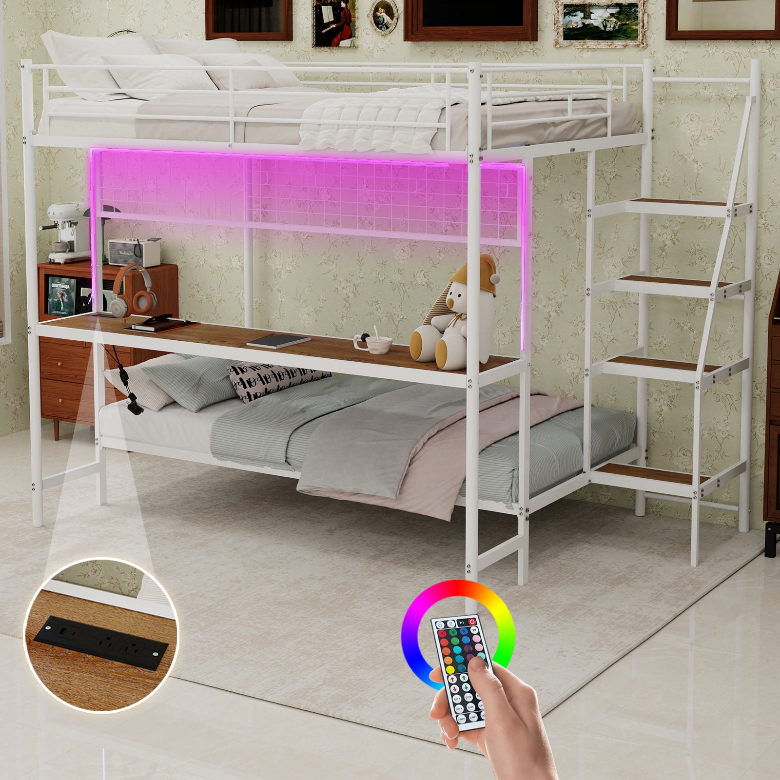 Uiowio Twin Over Full Metal Bunk Bed with Built-In Desk & LED Lighting, Space-Saving Bunk Bed Frame with Stairs & Storage, for Teens & Adults, White