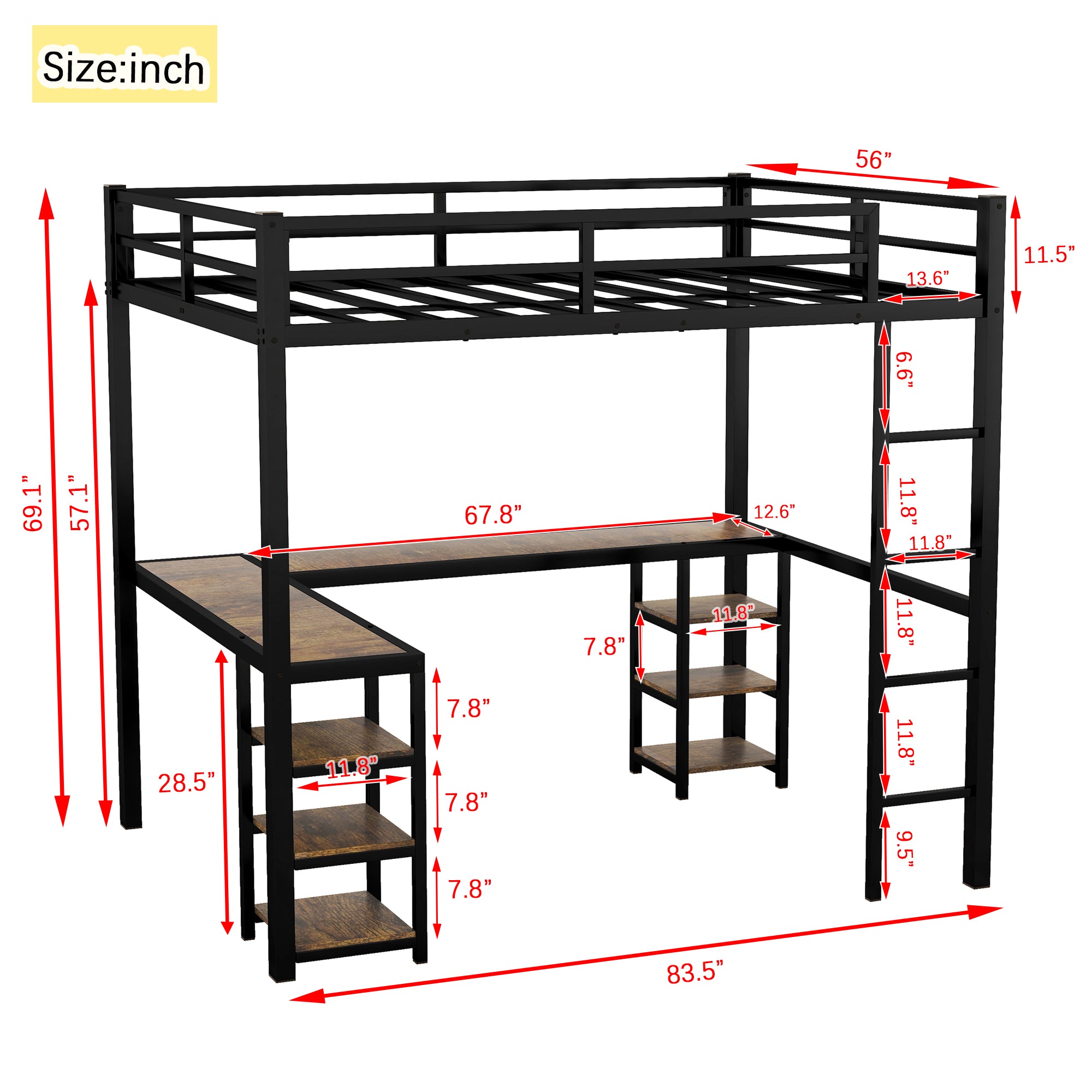 Uiowio Full XL Metal Loft Bed with L-Shaped Desk Underneath & 6 Shelves & Storage, Space-Saving Bed Frame with Built-in Ladder & Safety Guardrail, for Teens