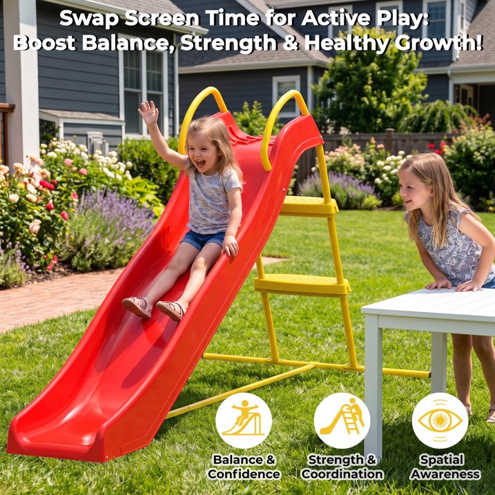 Kdymod 5.7FT Kid Outdoor Slide,Water Slide for Backyard with Ladder,Playground Freestanding Slide for Chlidren Birthday Gifts,Red